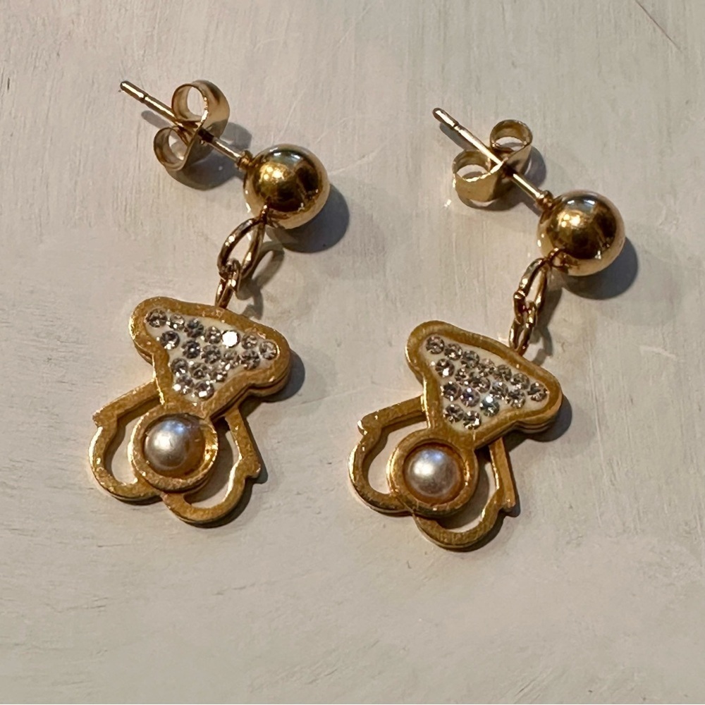 Bear Motif Gold Over Stainless Steel Drop Earrings, NWT